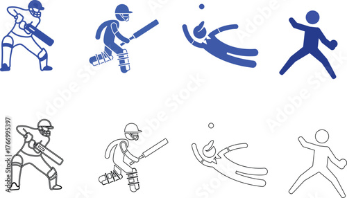 Comprehensive Cricket Player Icon Set: Batsman, Fielder, Bowler in Flat & Outline Styles