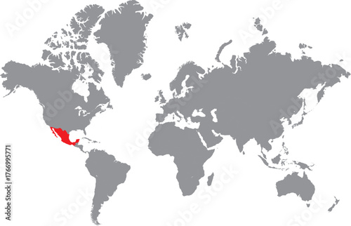 Vector illustration of Mexico map highlighted in red color on grey world map on white background. Mexico marked red on grey world map.
Travel and tourism. 