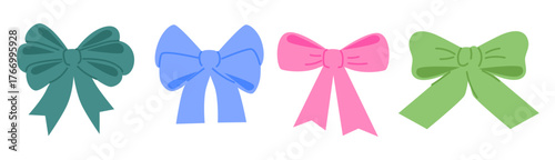 Ribbon bows set. Festive holiday decoration tapes with knot and soft folds. Decorative tie. Gift tying decor, accessory.