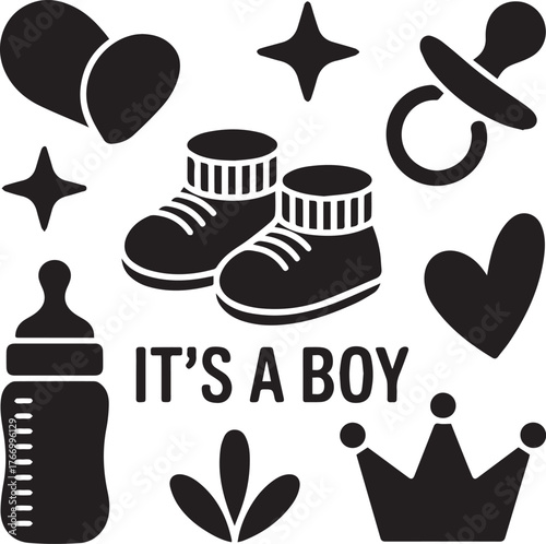 It's a Boy! Baby Shower & Birth Announcement Vector Clipart: Pacifier, Booties & Crown