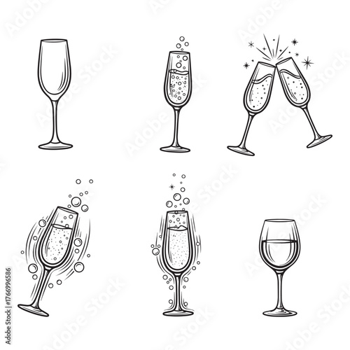 Collection of hand drawn champagne flutes and wine glasses celebrating with bubbles and splashes