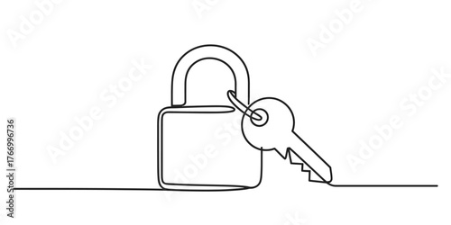 Single line art drawing of a padlock and key minimalist design security concept vector