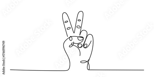 Minimalist continuous one line art drawing of a hand showing the peace sign gesture with artistic sketchy details. vector