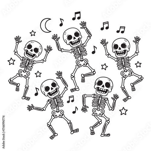 Whimsical hand drawn illustration of five happy dancing skeletons celebrating under a crescent moon and stars