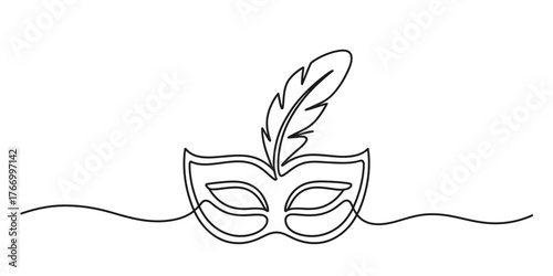 Elegant single line continuous drawing of a venetian masquerade mask with a feather accent vector