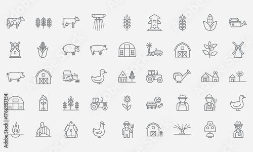 Comprehensive line icon set representing agriculture, farming, and rural life, featuring farm animals, tools, crops, and structures for various design projects and applications