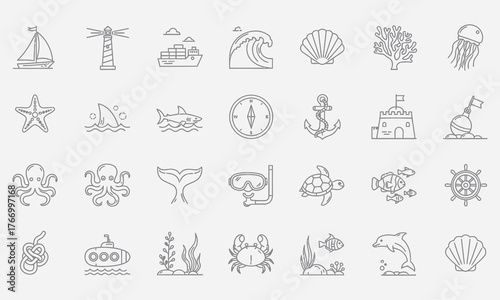 Nautical and marine themed line icon collection featuring sea creatures, boats, and symbols for underwater adventure
