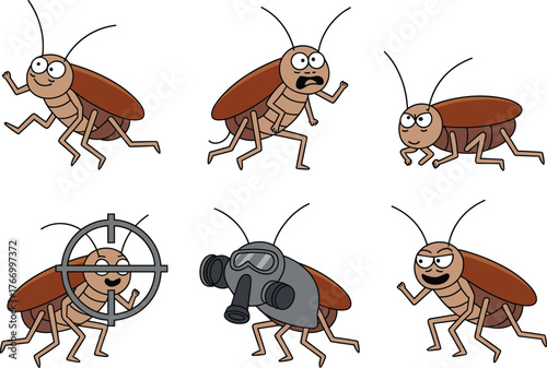 Cartoon cockroach illustration set, expressive bug characters, funny pest icons, emotion-based insect graphics, humorous vector art pack