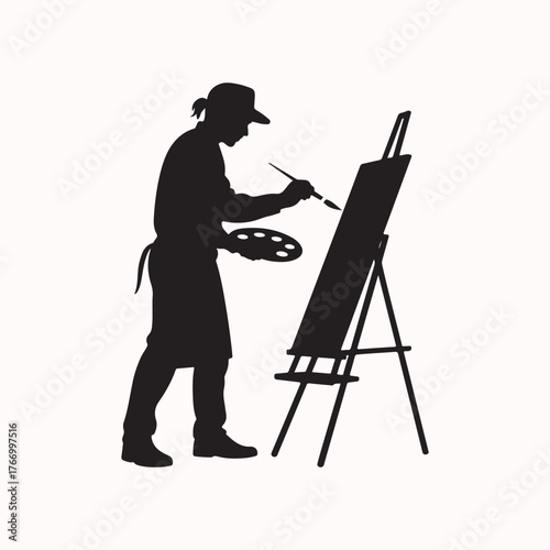 Silhouette of an artist painting on a canvas with a palette and brush, showcasing creative process and artistic expression