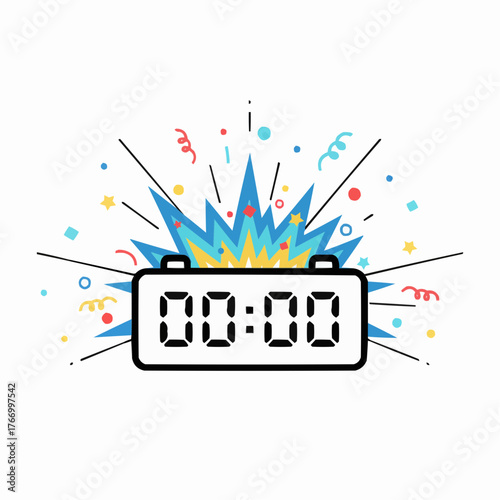 Digital clock displays zero showing midnight explosion of colorful confetti and streams
