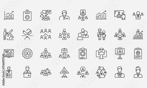 Collection of Line Icons Illustrating Business, Leadership, and Management Concepts