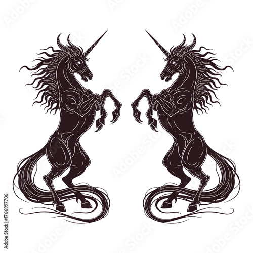 Two rearing black unicorns with flowing manes and tails against a white background in a symmetrical design