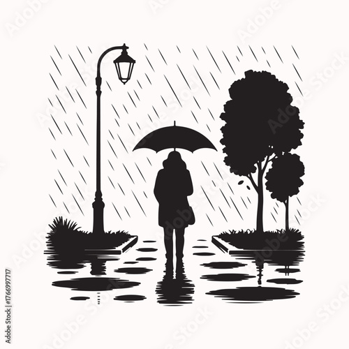 Person walking in the rain with umbrella under a street light, black and white illustration of weather