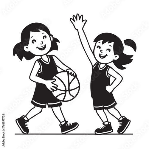 Two happy cartoon girls playing basketball on a court with one dribbling the ball and the other jumping to block