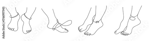 Detailed line art renderings showcase various anklet designs adorning human feet