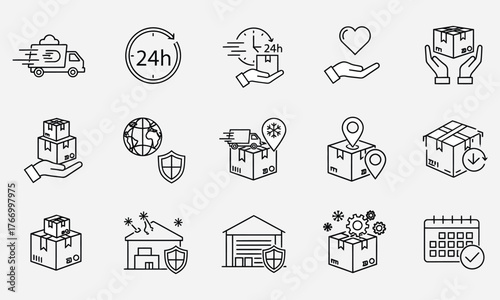 Set of delivery service vector icons, logistics, shipping, transportation, worldwide package symbols