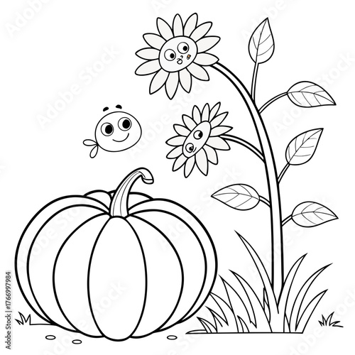 Vector illustration of pumpkin and sunflowers hand-drawn coloring page.