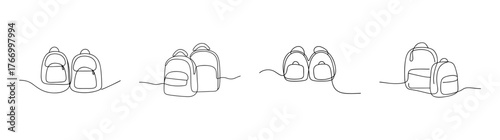 Four artistic line drawings featuring backpacks in various styles and perspectives