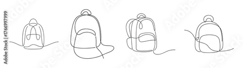 Four detailed pencil sketch drawings of various backpack styles and designs