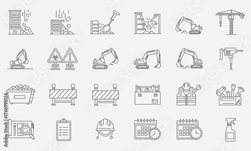 Modern Collection of Construction Line Icons Depicting Site Operations, Heavy Machinery, Worker Safety, Building Tools, and Project Scheduling Elements
