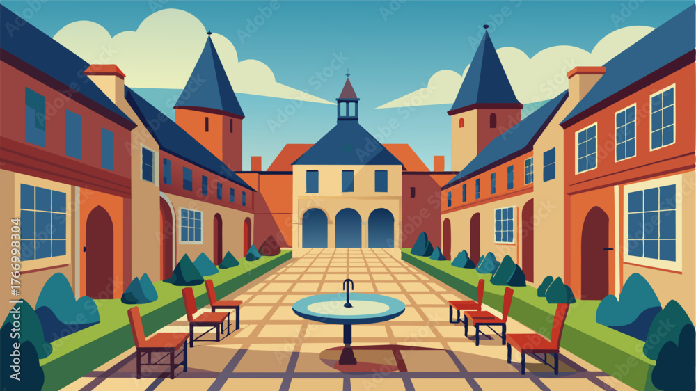 Naklejka premium A traditional cobblestone courtyard transformed into an outdoor meeting area surrounded by historic buildings and traditional architecture.. Vector illustration