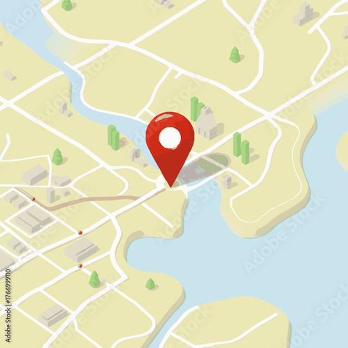 Top-down view of a stylized map with a prominent red location pin and surrounding water navigation