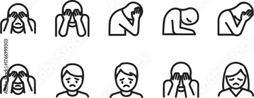 Collection of simple line art illustrations depicting various emotions of sadness and despair