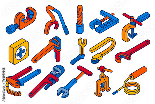Plumbing Tools Icons. Isometric vector illustration set Tools: pipe cutter, tube bender, pipe reamer, flaring tool, threading die,