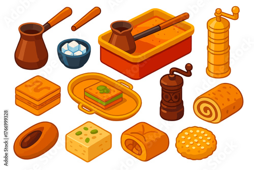 Coffee and Treats Icons. Isometric vector illustration set Coffee Equipment and Breakfast Treats: Turkish coffee pot, sand coffee