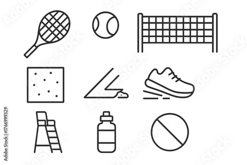 Clay Court Icons. Line style icons of Clay Court: Racket, Ball, Net, Clay Surface, Marked Line, Sliding Shoe, Umpire Chair, Water