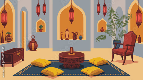 Middle Eastern Living Room Interior, Wooden Furniture and Decorations, Round Low Table with Teapot, Pillows, Dressing Table with Armchair, Stained Glass Lanterns, Cartoon Vector Illustration