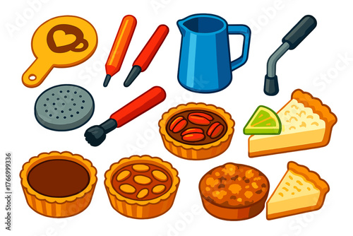 Coffee Gear & Treats. Isometric vector illustration set Coffee Equipment and Breakfast Treats: cappuccino stencil, latte art pen,