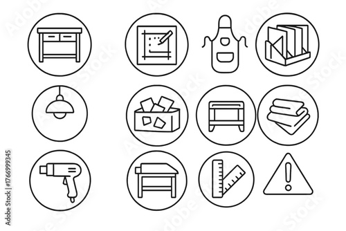 Glass Studio Essentials Icons. Line style round vector icons of Glass Studio Essentials: Workbench, Layout Board, Tool Caddy,