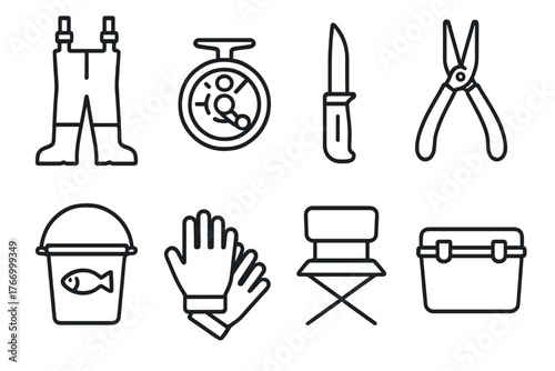 Fishing Gear Icons. Line style icons of Fishing gear: waders, reel, knife, pliers, bait bucket, gloves, chair, cooler, No text, No