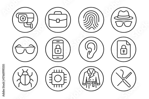 Espionage Icons Collection. Line style icons of espionage in round shape: hidden camera, briefcase, fingerprint, disguise; spy