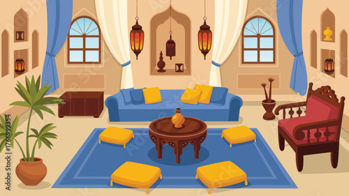 Middle Eastern Living Room Interior, Wooden Furniture and Decorations, Round Low Table with Teapot, Pillows, Dressing Table with Armchair, Stained Glass Lanterns, Cartoon Vector Illustration