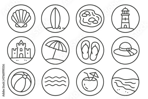 Beach Icon Collection. Line style icons of beach in round shape: seashell, surfboard, tide pool, lighthouse; sandcastle, beach