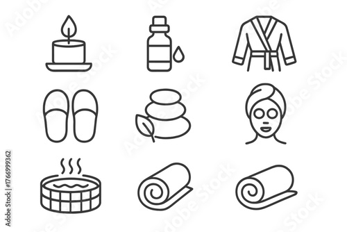 Spa Icons Collection. Line style icons of Spa: Candle, Essential Oil, Bathrobe, Slippers, Massage Stone, Face Mask, Hot Tub, Towel