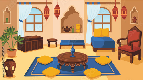 Middle Eastern Living Room Interior, Wooden Furniture and Decorations, Round Low Table with Teapot, Pillows, Dressing Table with Armchair, Stained Glass Lanterns, Cartoon Vector Illustration