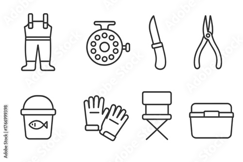 Fishing Gear Icons. Line style icons of Fishing gear: waders, reel, knife, pliers, bait bucket, gloves, chair, cooler, No text, No