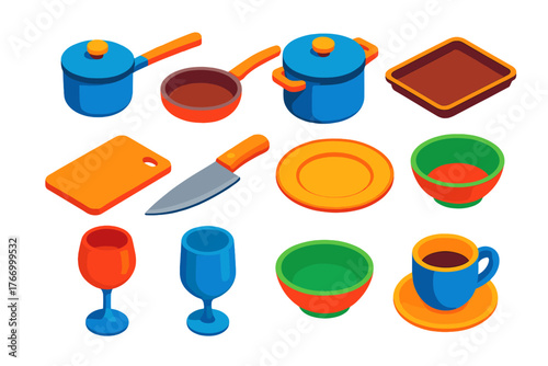 Colorful Kitchen Element Icons. Isometric vector illustration set Kitchen and Dining Elements: saucepan, frying pan, stockpot,