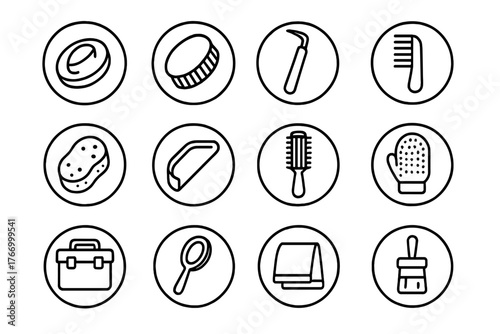 Horse Grooming Tools. Line style icons of horse grooming tools in round shape: curry comb, stiff brush, hoof pick, mane comb;