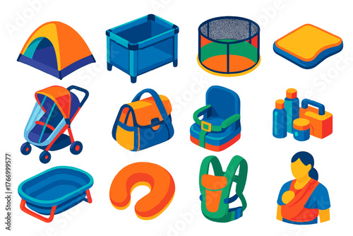 Vibrant Baby Essentials Icon Set. Isometric vector illustration set Baby Essentials: baby tent, portable crib, pop-up playpen,