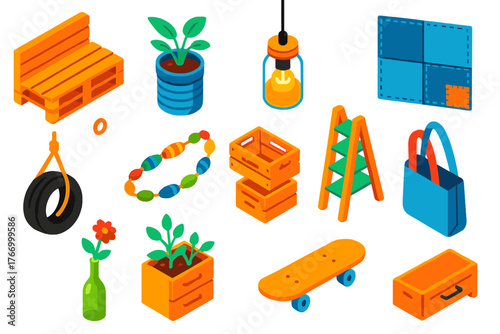 Upcycling Ideas Icons. Isometric vector illustration set Upcycling Ideas: wooden pallet furniture, tin can planter, glass jar lamp