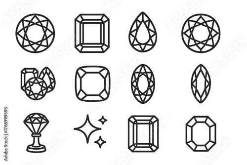 Gemstone Line Icons. Line style icons of gemstones in round shape: faceted gem, emerald cut, pear cut, round brilliant; gemstone
