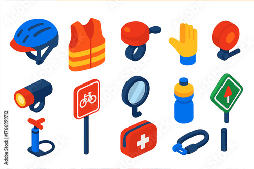 Cycling Safety Icons. Isometric vector illustration set Cycling Safety Icons: bike helmet, reflective vest, bicycle light, bike