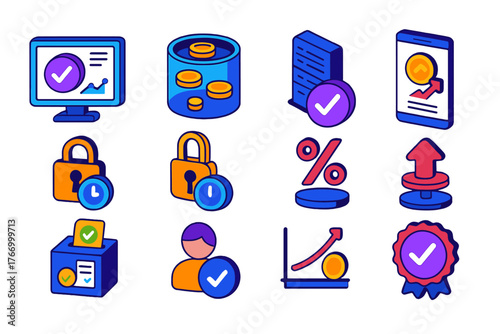 Proof-of-Stake Icons. Isometric vector illustration set Proof-of-Stake Concepts: staking dashboard, staking pool icon, validator