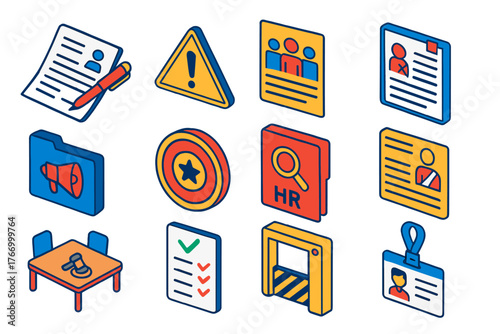 Law and Justice Icons. Isometric vector illustration set Law and Justice: employment contract, workplace safety sign, labor rights