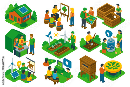 Eco Education Icons. Isometric vector illustration set Eco Education Tourism: nature learning center, outdoor classroom,