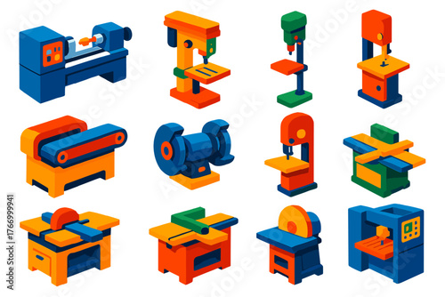 Vibrant Workshop Tools Icons. Isometric vector illustration set Tools: lathe machine, milling machine, drill press, belt sander,